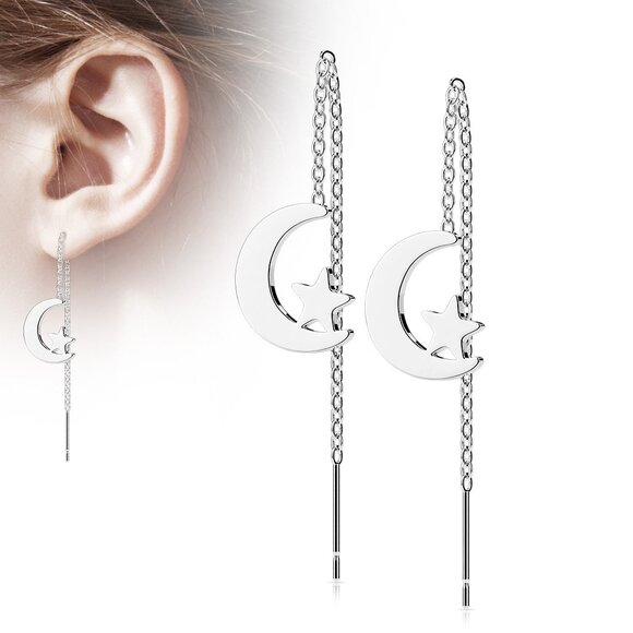 Threader Earrings Crescent Moon Star Stainless Surgical Steel Hypoallergenic - Picture 1 of 3
